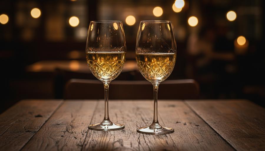 Deux verres de vin blanc sur une table en bois